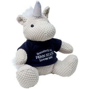plush stuffed unicorn with Somebody at Penn State Loves Me! navy t-shirt